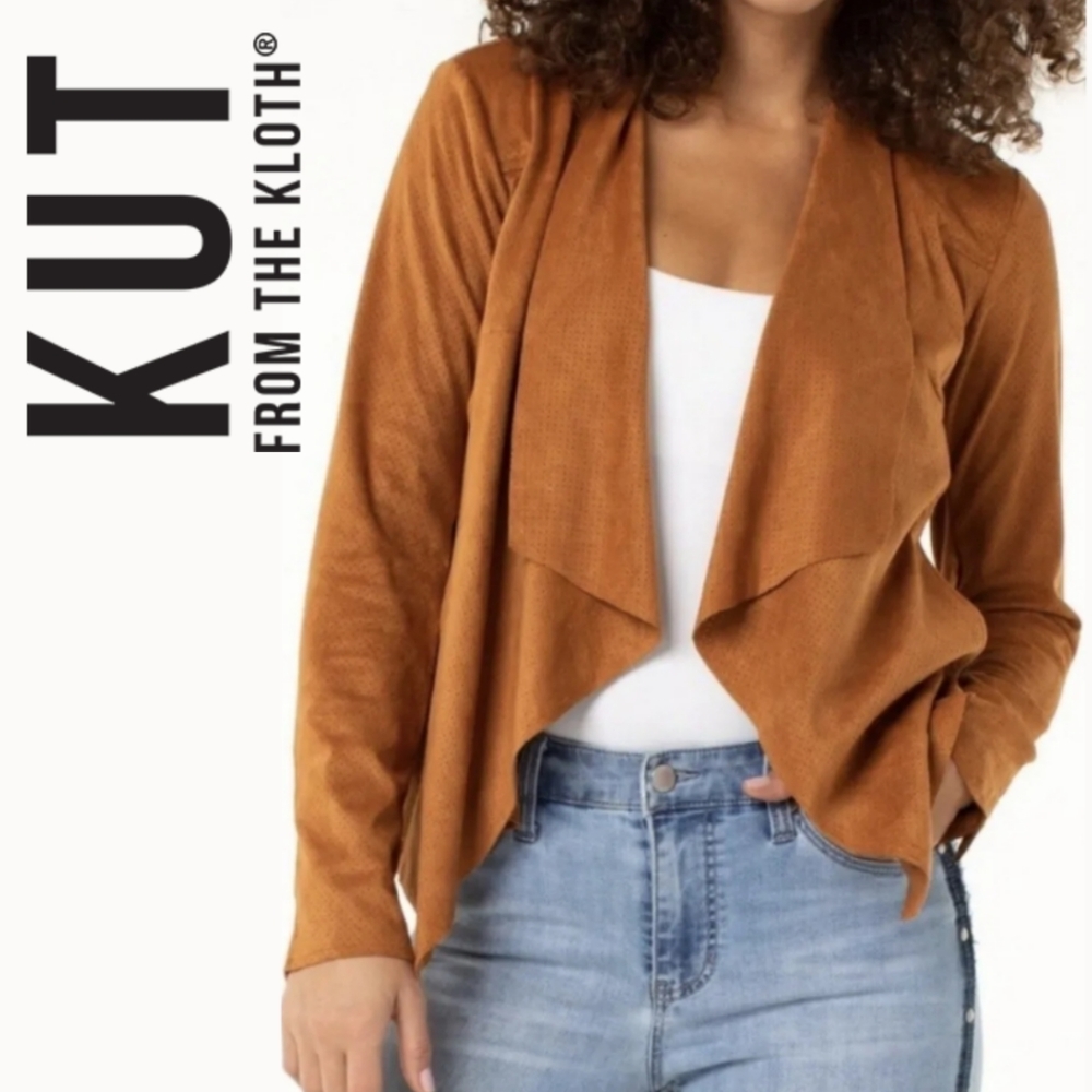 Kut From the Kloth Tayanita Drape Front Vegan Suede Blazer Small Brown Jacket